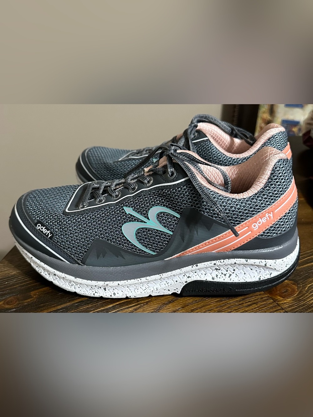GDefy Women's Gray Athletic Sneakers with Coral and Teal Accents. like new.